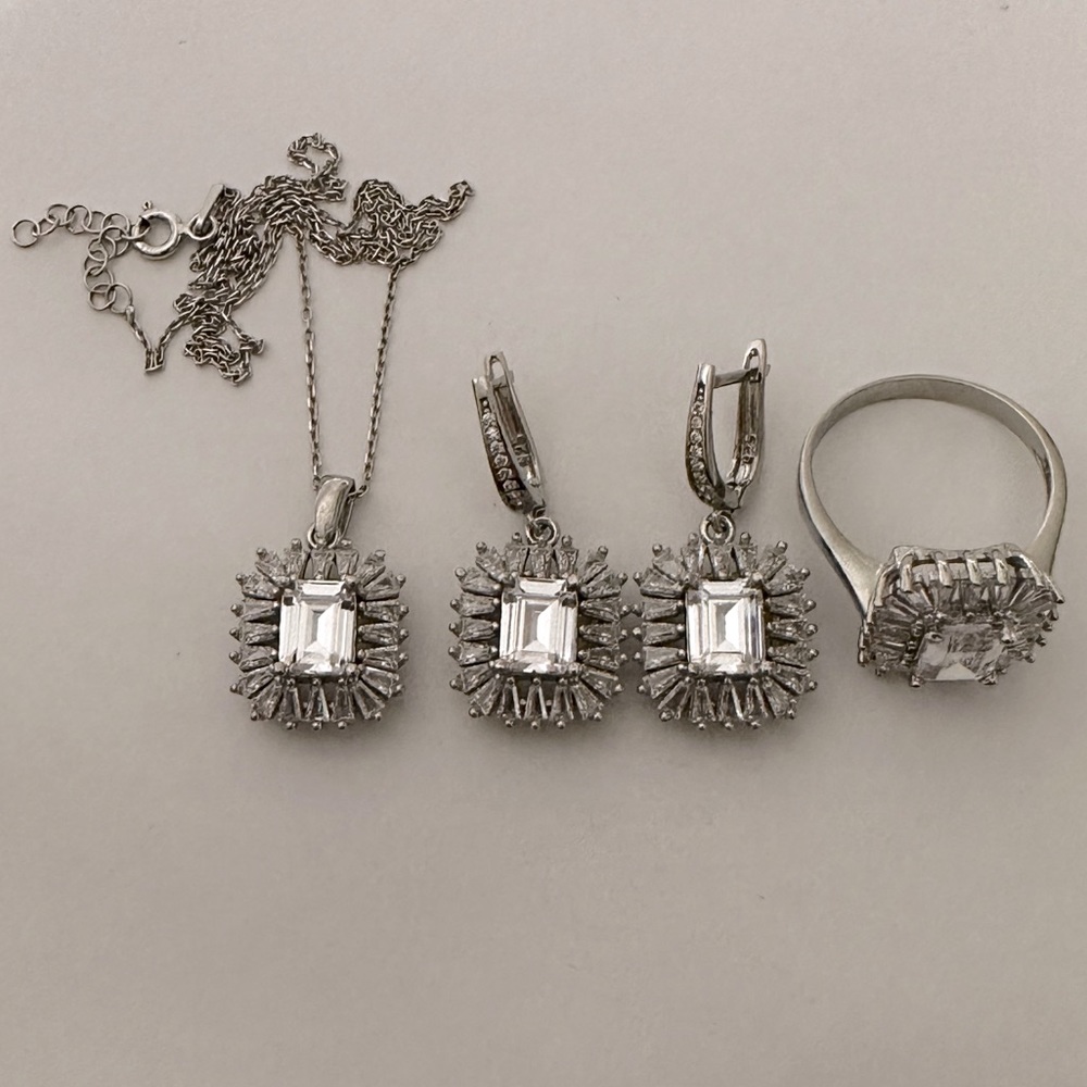 925 Silver baguette cz cubic zirconia stones baguette set necklace ring earrings